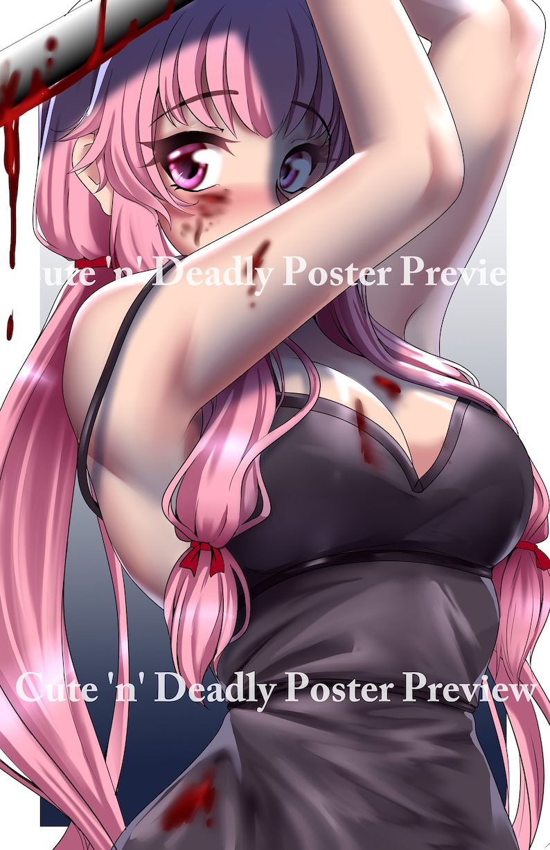 Puede incluir: Un personaje de anime con cabello rosado y salpicaduras de sangre en su top negro sin mangas y su rostro. El personaje sostiene un cuchillo ensangrentado en su mano derecha. El texto "Cute 'n' Deadly Poster Preview" es visible en la imagen.