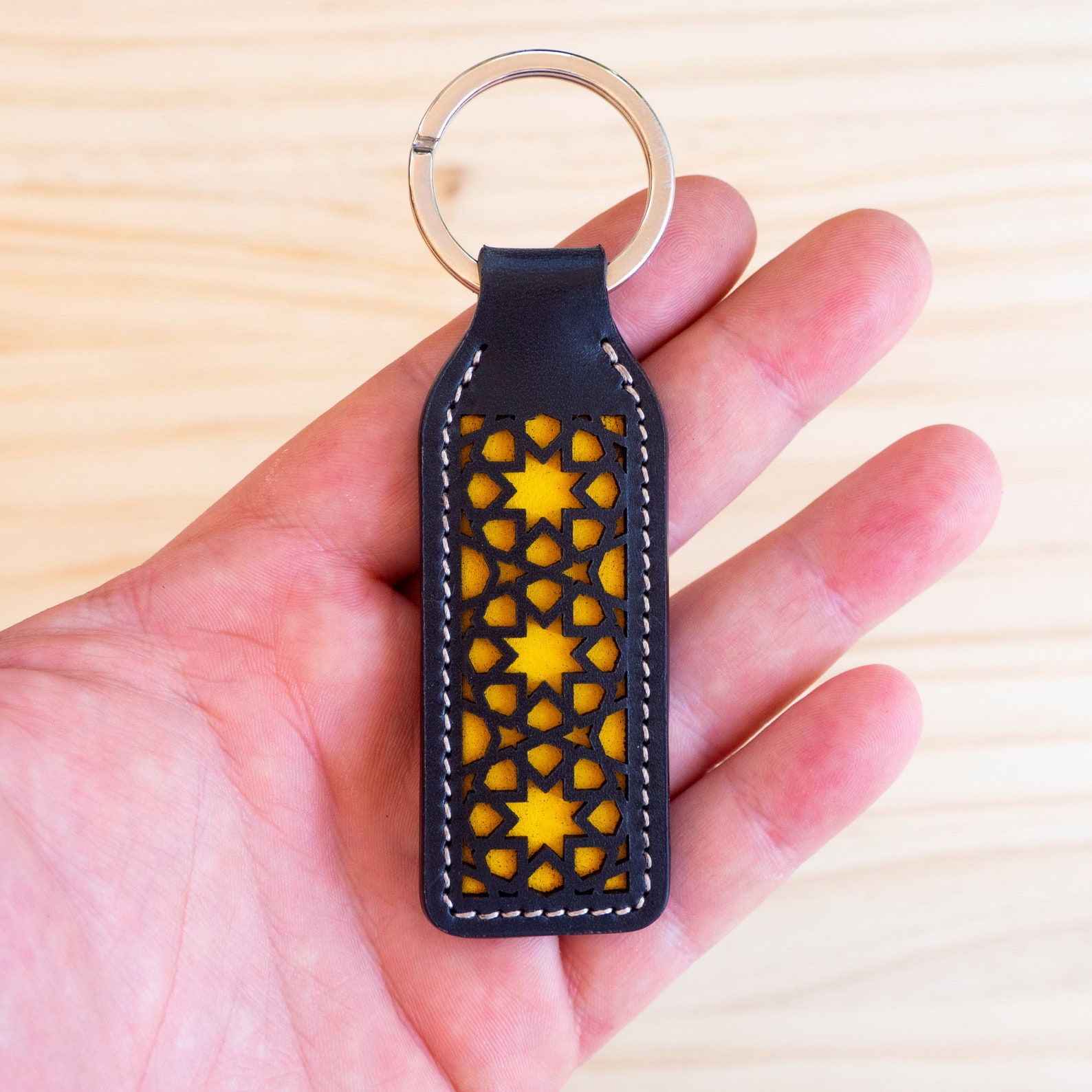 Black leather key fob Laser cut leather keychain Genuine Etsy