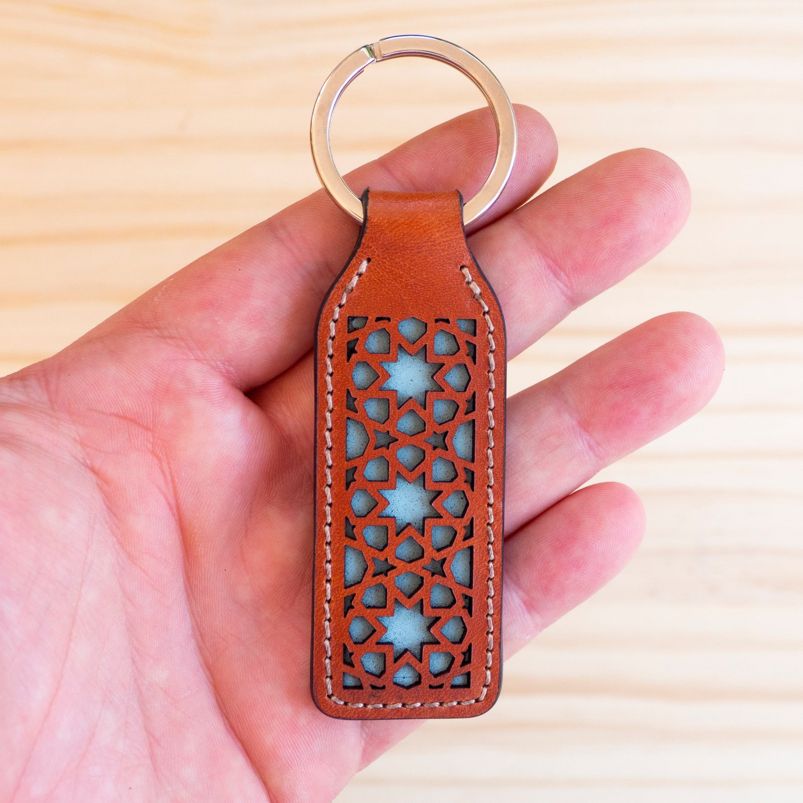Laser cut leather keychain Brown leather key fob Genuine Etsy