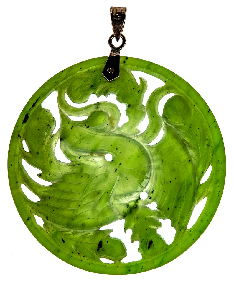 A Vintage Spinach Jade Phoenix Carved Pendant Etsy