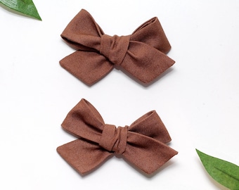 Brown Hair Bows, Pigtail Hair Clips, Fabric Hair Bows, Brown Bow Headband