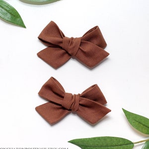 Brown Hair Bows, Pigtail Hair Clips, Fabric Hair Bows, Brown Bow Headband image 1