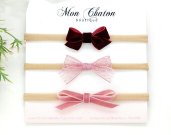 Set of 3 Baby Headbands, Valentine's Day Bow Headbands, Pink Baby Bow, Mini Bow Headbands