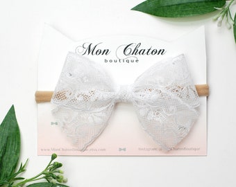 White Lace Bow, Lace Headband, White Lace Baby headband, Lace Bow Hair Clip