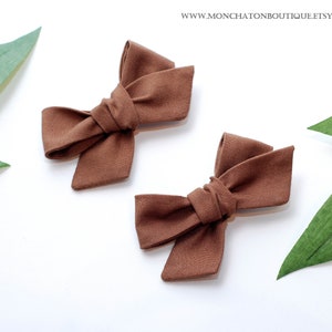 Brown Hair Bows, Pigtail Hair Clips, Fabric Hair Bows, Brown Bow Headband image 4