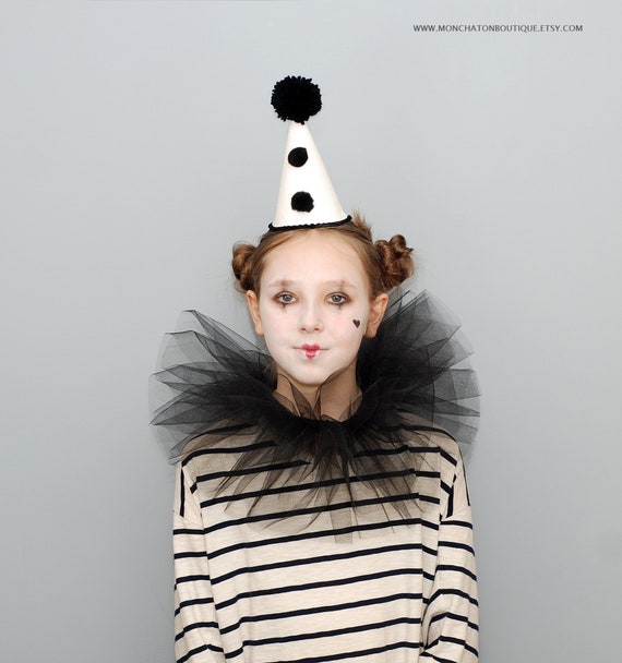 Halloween Clown Costume, Kids Clown Costume, Halloween Clown Hat, Black Tulle Collar