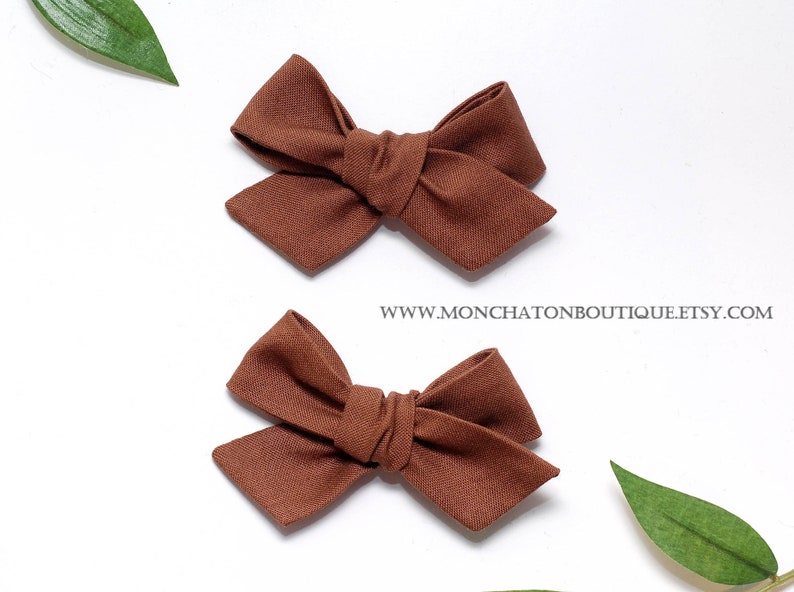 Brown Hair Bows, Pigtail Hair Clips, Fabric Hair Bows, Brown Bow Headband image 2