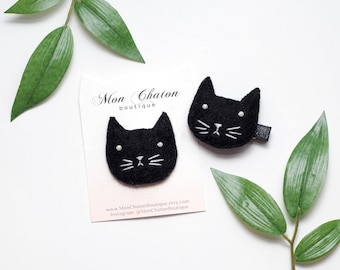Black Cat Hair Clip, Black Felt Hair Clip, Black Cat Face Hair Clip, Felt Cat Brooch Pin