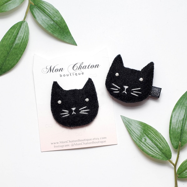 Black Cat Hair Clip, Black Felt Hair Clip, Black Cat Face Hair Clip, Felt Cat Brooch Pin