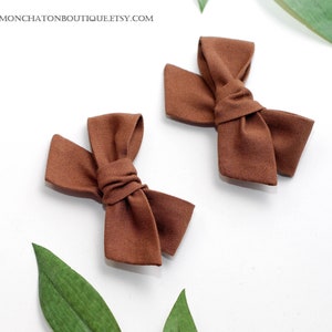 Brown Hair Bows, Pigtail Hair Clips, Fabric Hair Bows, Brown Bow Headband image 5