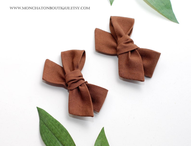 Brown Hair Bows, Pigtail Hair Clips, Fabric Hair Bows, Brown Bow Headband image 5