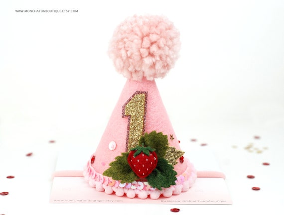 Pink Felt Strawberry Hat Strawberry First Birthday Hat: Handmade Felt Party Cone - Etsy main image 3