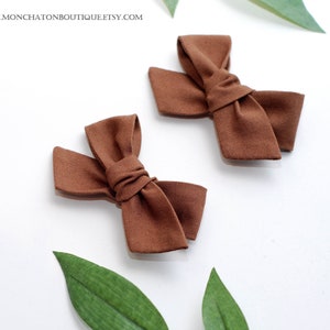 Brown Hair Bows, Pigtail Hair Clips, Fabric Hair Bows, Brown Bow Headband image 6