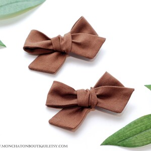 Brown Hair Bows, Pigtail Hair Clips, Fabric Hair Bows, Brown Bow Headband image 3