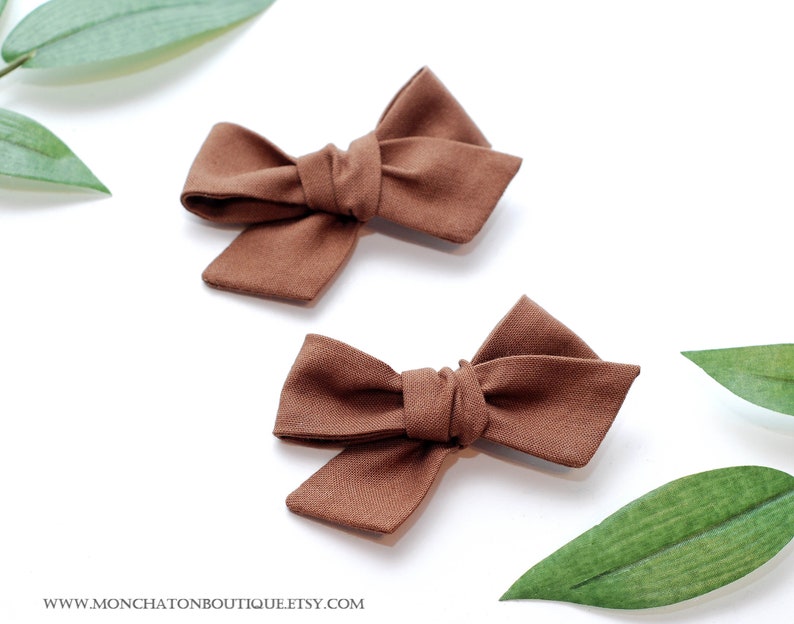 Brown Hair Bows, Pigtail Hair Clips, Fabric Hair Bows, Brown Bow Headband image 3