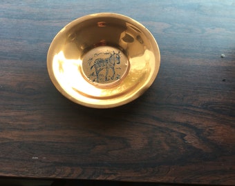 Vintage Shallow Copper Bowl with an Etched Zebra (6.5")