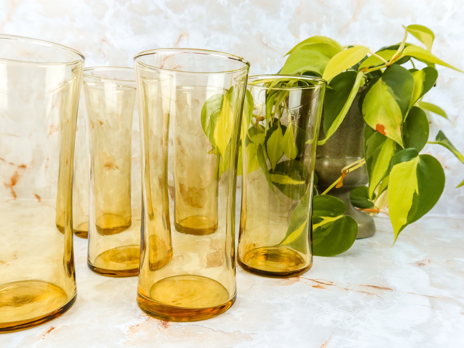 Vintage Yellow Curved Drinking Glasses Set of 6 Yellow | Etsy