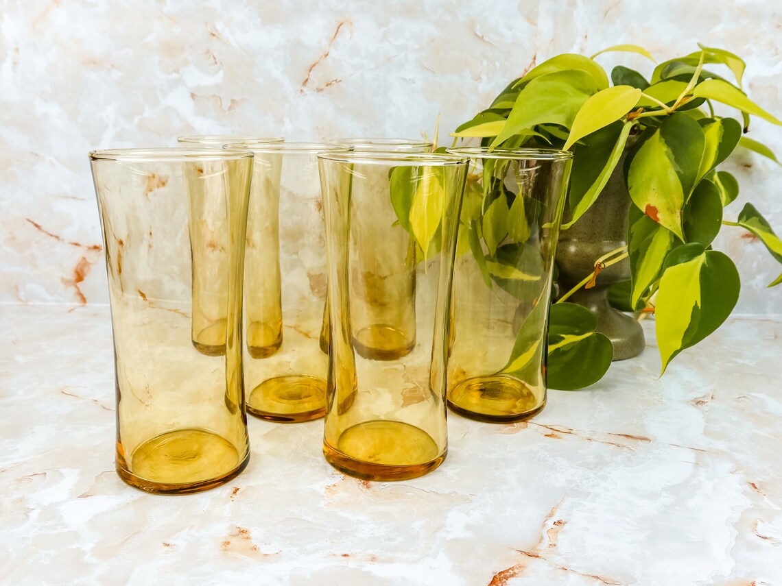 Vintage Yellow Curved Drinking Glasses Set of 6 Yellow | Etsy