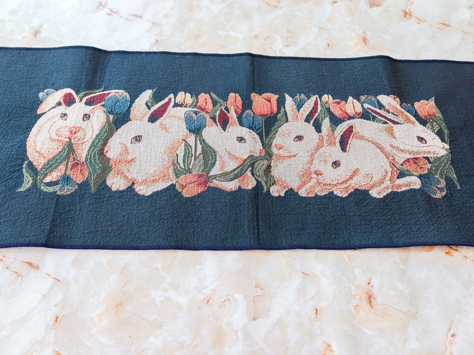 Bunny Rabbit & Tulip Jacquard Table Runner Vintage Easter Etsy