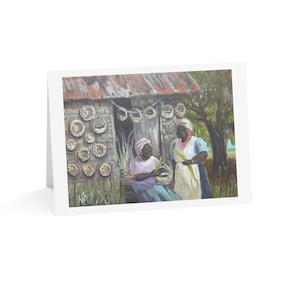 May include: A painting depicting two women standing in front of a small wooden building. The building has a thatched roof and is adorned with woven baskets. The women are wearing colourful clothing and are holding baskets.