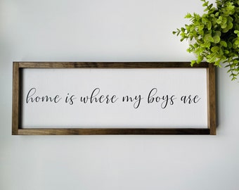 Home Is Where My Boys Are Sign | Farmhouse Decor | Framed Sign | Mother’s Day | White Horizontal Sign