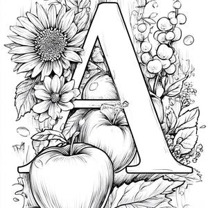 May include: Black and white illustration of the letter "A" surrounded by detailed drawings of a sunflower, daisies, apples, berries, and leaves. The artwork has a hand-drawn, botanical theme.