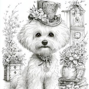 May include: A black and white line art illustration of a Bichon Frise dog wearing a floral top hat and a heart-shaped pendant collar. The dog is surrounded by detailed sketches of flowers, a grandfather clock, and a small chest of drawers.
