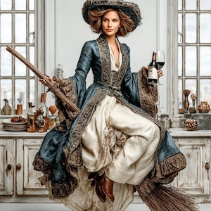 Pode incluir: Uma mulher em um traje de bruxa azul e bege, segurando uma taça e uma garrafa de vinho, senta-se em uma vassoura. O traje apresenta bordados intrincados e um chapéu grande. O fundo é uma cozinha.
