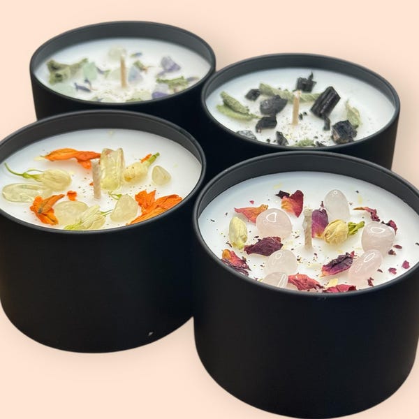 Artisan Coconut Wax Intention Candle, Crystals & Botanicals