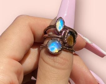 Rainbow Moonstone Ring, Electroformed Moonstone Ring, Moonstone Cring, Crystal Ring