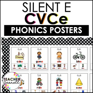 May include: A set of 10 colorful phonics posters featuring CVCe words with illustrations. The posters have a black and white checkered border and the words "Silent E CVCe Phonics Posters" at the top.