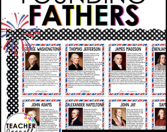 May include: A set of colorful posters featuring portraits of the Founding Fathers of the United States. Each poster includes a brief biography of the Founding Father, including their contributions to the American Revolution and the formation of the United States government. The posters are decorated with red, white, and blue stars and stripes.