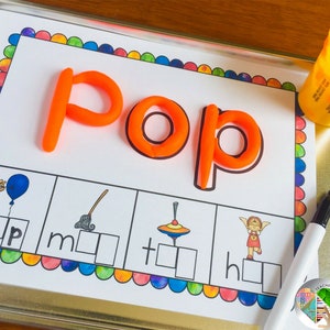 May include: A printable worksheet with the word "POP" spelled out in orange playdough. The worksheet has four images of objects that start with the letter "P" and a blank space for the child to write the letter "P" in each box.