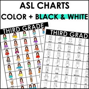 Puede incluir: Dos tablas con ilustraciones de lenguaje de se&ntilde;as para tercer grado. La tabla de la izquierda est&aacute; en color y la tabla de la derecha est&aacute; en blanco y negro. Ambas tablas tienen las mismas se&ntilde;as, incluyendo "acerca de", "mejor", "traer/llevar", "limpio", "cortar (herida)", "hecho", "dibujar", "beber", "caer", "para", "lleno", "lleno relleno", "sostener", "caliente", "herir", "si", "amable", "re&iacute;r", "luz", "luz comp", "mucho", "nunca", "solo", "propio", "elegir", "siete", "mostrar", "seis".