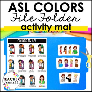 Puede incluir: Una carpeta de archivos azul para enseñar colores en el lenguaje de señas americano (ASL). La carpeta presenta ilustraciones de colores y formas de manos en lenguaje de señas para cada color: rojo, naranja, amarillo, verde, azul, morado, rosa, marrón, negro, blanco y colores.