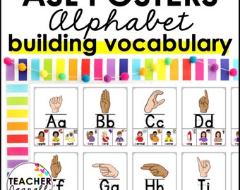 May include: A set of colorful alphabet posters featuring American Sign Language (ASL) hand signs for each letter. Each poster includes the letter, the sign, and several words that start with that letter. The posters are designed to help children learn ASL and build vocabulary.