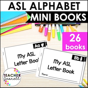 Puede incluir: Un conjunto de 26 mini libros para aprender el lenguaje de señas americano (ASL). Cada libro presenta una letra del alfabeto, el signo de la letra y las palabras "My ASL Letter Book".