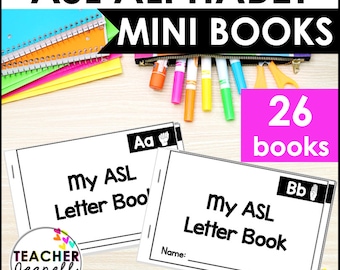 以下が含まれることがあります： アメリカ手話（ASL）を学ぶための26冊のミニブックのセット。各ブックにはアルファベットの文字、文字のサイン、そして「My ASL Letter Book」という単語が記載されています。