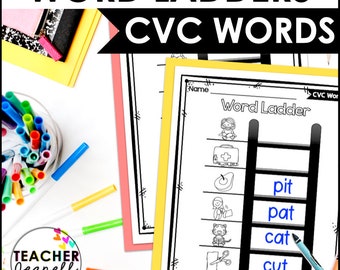 May include: Black and white printable worksheet with the title "Word Ladders CVC Words". The worksheet features a ladder with pictures and CVC words: pit, pat, cat, cut, hut.