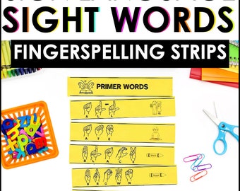 May include: Yellow and black sign language finger spelling strips for the words 'all', 'ate', 'black', 'brown', and 'came'. The strips are labeled 'Primer Words'.