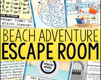 May include: A yellow and blue sign with the text "Beach Adventure Escape Room" in white letters. The sign is surrounded by images of beach-themed puzzles and games.