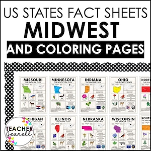 Midwest Region Zustand Poster Bundle Printable | Pädagogische Geographie Wandkunst für Klassenzimmer Dekor | Zustand Karten & Malseiten