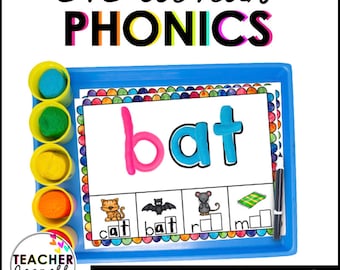 May include: A blue plastic tray with a white card that says "bat" in colourful letters. The card has pictures of a cat, bat, rat, and mat. There are small containers of playdough in different colours on the left side of the tray. The tray is labelled "playdough mats".