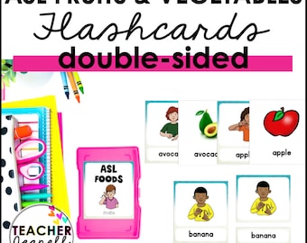 May include: A set of double-sided flashcards featuring ASL signs for fruits and vegetables. The cards are pink and white with illustrations of the fruits and vegetables, as well as a person signing the word. The words "ASL Fruits & Vegetables Flashcards double-sided" are written at the top of the image.