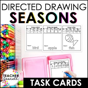 Puede incluir: Un conjunto de tarjetas de tareas en blanco y negro para actividades de dibujo. Las tarjetas presentan indicaciones para dibujar un pájaro, una manzana, un pez y una mariposa. Las tarjetas están etiquetadas como "Directed Drawing Seasons" y "Task Cards".
