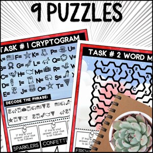 Pu&ograve; includere: Un set di 9 puzzle stampabili per bambini. Il primo puzzle &egrave; un crittogramma a tema rosso, bianco e blu. Il secondo puzzle &egrave; una ricerca di parole a tema rosso, bianco e blu. I puzzle sono etichettati come "Compito #1 Crittogramma" e "Compito #2 Labirinto di parole".