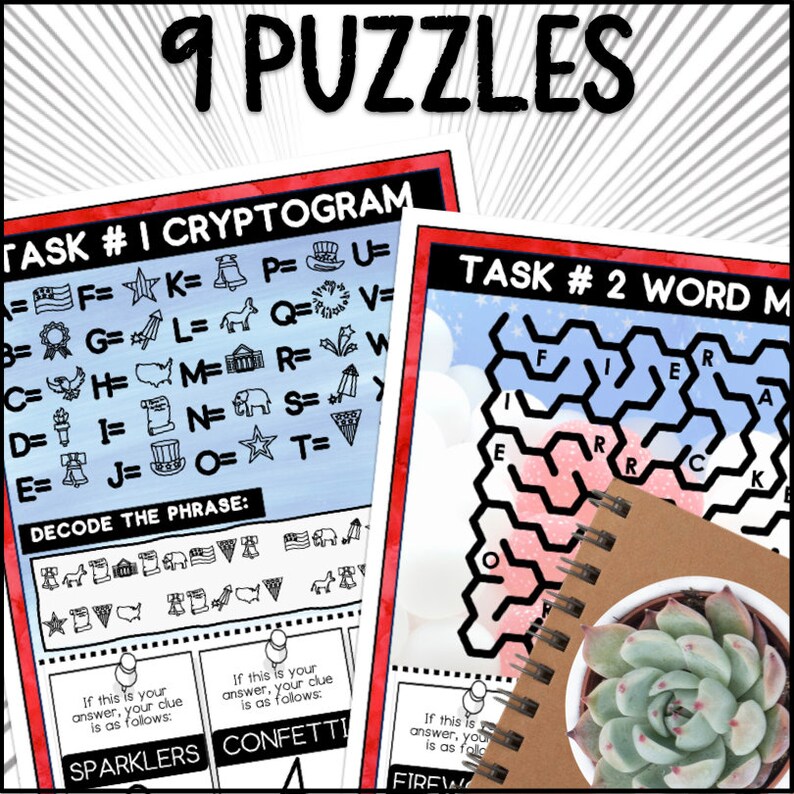 Pu&ograve; includere: Un set di 9 puzzle stampabili per bambini. Il primo puzzle &egrave; un crittogramma a tema rosso, bianco e blu. Il secondo puzzle &egrave; una ricerca di parole a tema rosso, bianco e blu. I puzzle sono etichettati come "Compito #1 Crittogramma" e "Compito #2 Labirinto di parole".
