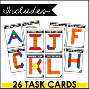 May include: A set of 26 task cards for building letters using geometric shapes. Each card features a letter of the alphabet and a visual representation of how to build it using different colored shapes. The cards are labeled "Build the Letter" and include the letter name.
