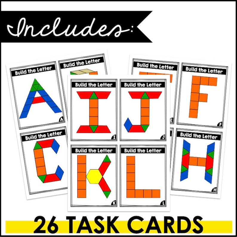 May include: A set of 26 task cards for building letters using geometric shapes. Each card features a letter of the alphabet and a visual representation of how to build it using different colored shapes. The cards are labeled "Build the Letter" and include the letter name.