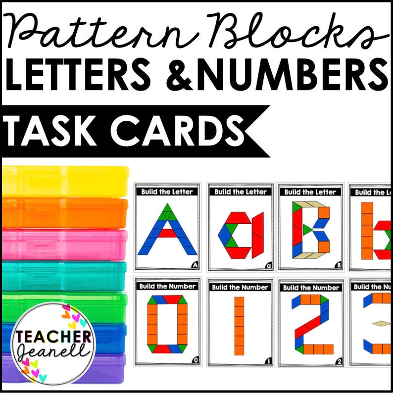 May include: Task cards for building letters and numbers using pattern blocks. The cards show the letter A, the letter O, the number 0, the number 1, the number 2, and the number 3. The cards are black and white with colorful pattern block designs.